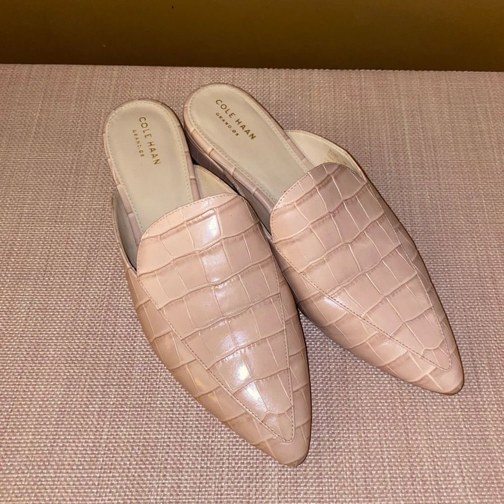 Cole Haan Blush Croc-Embossed Pointed Leather Mules